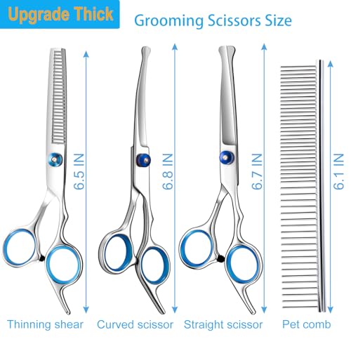 5 in 1 Upgraded Thicken Dog Grooming Scissors, Professional Dog Scissors for Grooming with Safety Round Tips, Lengnoyp Stainless Steel Thinning Shears, Pet Cat Shears for Grooming Kit