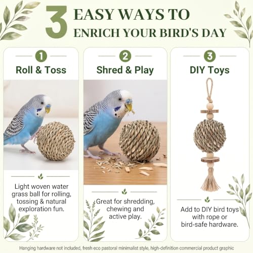 Natural Woven Grass Balls Small Pet Chew Toys, Handmade Wooden Bird Parrot Hamster Rabbit Foraging Balls, Safe Shred Toys for Parakeet Cockatiel Guinea Pig Chinchilla, Regular Water Grass Ball - style: Contemporary