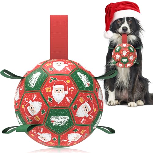 QDAN Christmas Dog Balls with Straps, Soccer Ball for Dogs for Small Medium Pet, Interactive Rope Toys, Puppy Birthday Gifts (6 Inch) - color: Christmas 1, size: Medium Size 2 (6 Inch)
