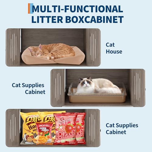 Cat Tree with Litter Box Enclosure, Multi-Level Cat Tower with Hidden Litter Box Furniture, Large Plush Top Perch, Sisal Scratching Posts, Cat Condo & Hammock for Indoor Cats, Living Room,Grey - color: Grey