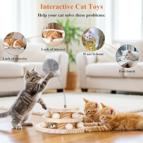 Cat Toy Track Ball with Bell Teaser Wand - Double-Layer Tower Roller, Interactive Wooden Cat Toy for Mental & Physical Exercise, Double Fun for Kittens & Cats - size: 7.31