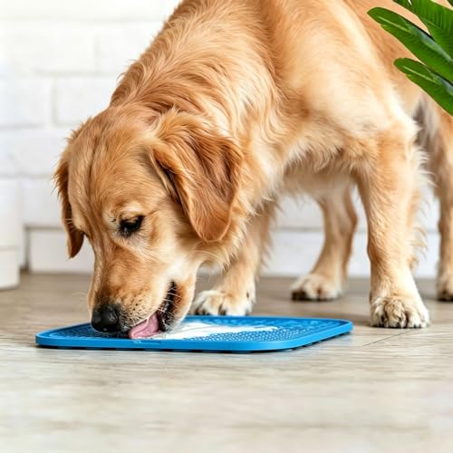 Licking Mat for Dogs & Cats with Suction Cups, 1 Pack Square Silicone Dog Slow Feeder Lick Pat for Anxiety Relief, Dog Toys to Keep Them Busy, Pets Bathing Training Grooming Mat 7.8 * 7.8 inches - color: 1Pack-Blue