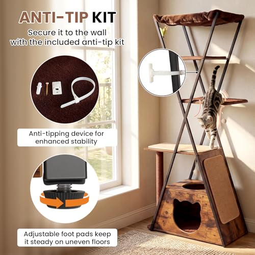 71" Modern Wood Cat Tree for Large Cats - Heavy Duty Tall Cat Tower for Indoor Cats, Multi-Level Cat Furniture with Spacious Condo, Large Perch, Scratching Posts & Hammock (Brown) - color: brown