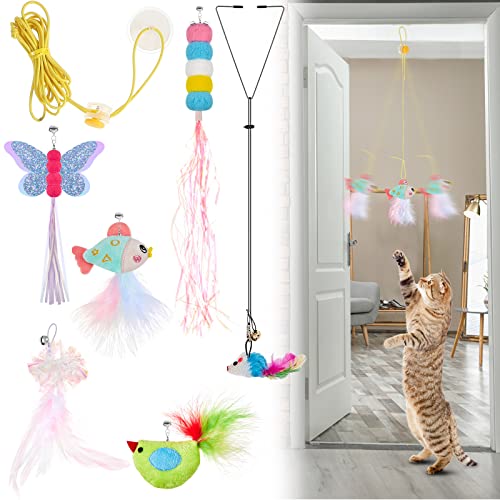 8 Pcs Doorway Cat Toys Indoor Feather Cat Toys Door Hanger Cat Toys Interactive Hanging Cat Toys Dragonfly Little Mouse Toys Retractable Cat Teaser Toys Kitten Toys for Play, 6 Styles (Vibrant Style) - style: Vibrant Style