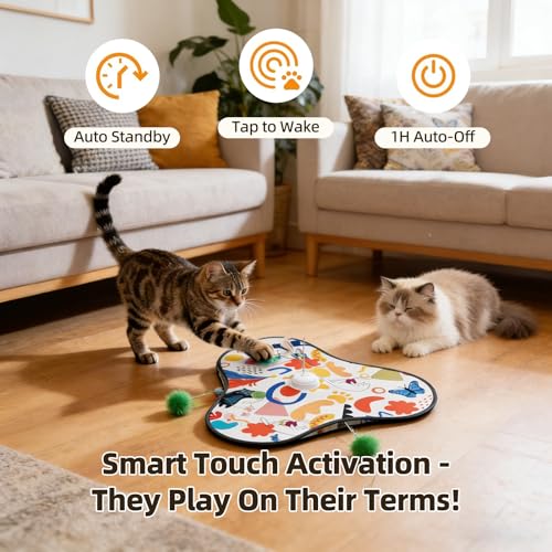 Interactive Cat Toys for Indoor Cats,3-in-1 Hide and Seek Cat Toy with Moving Concealed Wand Feather&Fluttering Butterfly,3 Prey Sounds，Auto Chargeable Play Mat for Bored Adult Cats&Kittens(White) - color: White