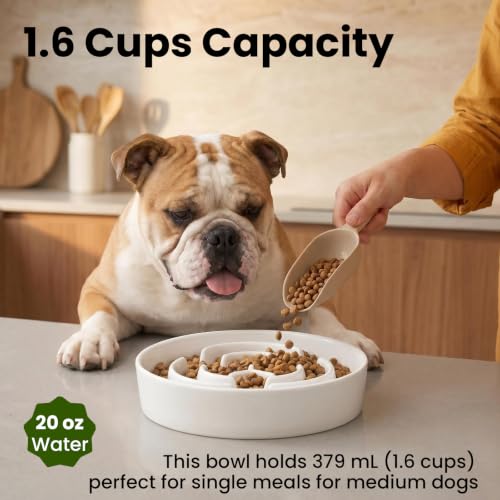 Ceramic Slow Feeder Dog Bowls 1.6 Cups for Medium & Small Fast Eaters,White - color: White, size: M - 1.6 Cups