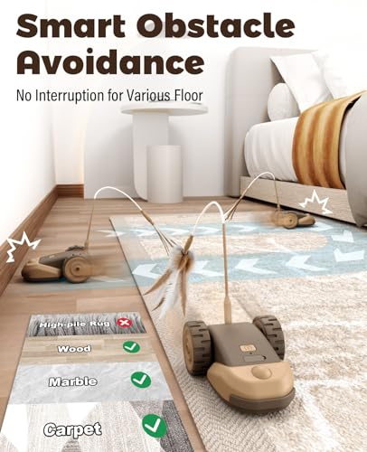 CYROS 3-in-1 Interactive Cat Toy - 2-Speed Automatic Moving Mouse Cat Toys Self Play with 2pcs Hanging Feather String Ribbon and Wiggly Silicone Mice Tail for Bored Indoor Adult Cats Kittens - color: Brown