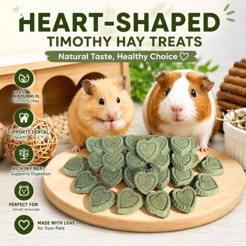 100% Natural Alfalfa Hay Treats 36 Pieces, Heart Shaped Grass Molar Cookies, Healthy Additive-Free Daily Snacks for Rabbits, Chinchillas, Hamsters, Guinea Pigs