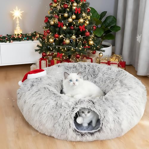 Cat Tunnel Bed for Indoor Cats, Plush Donut Tunnel with Washable Cushion