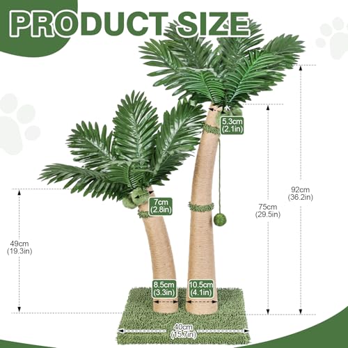 Palm Tree Cat Scratching Post, 36'' Cat Scratcher Post with Natural Sisal Rope, 5 Interactive Balls and 2 Curved Design Scratching Posts for Indoor Cats Adults and Kittens, Multi-Combinable (Style C) - size: Style C
