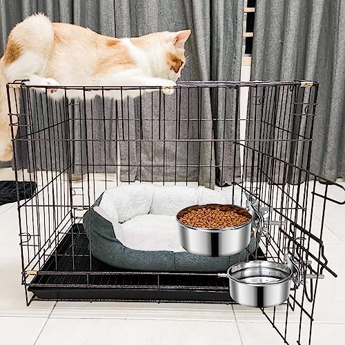 2 Pcs Stainless Steel Small Dog Crate Food Water Bowl, 19 & 12 OZ - color: Silver, size: XS (19 & 12 OZ)