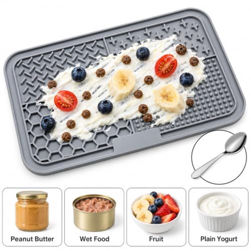 Dog Lick Mat for Dogs & Cats, 2 Pack Silicone Lick Pad with Strong Suction Cups, Slow Feeder Mat for Bathing, Grooming, Anxiety Relief, Peanut Butter, Wet Food & Treats - color: Beige+Cyan