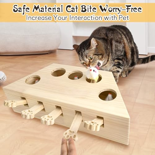 kathson Whack A Mole Cat Toy, Interactive Cat Toy Wood Kitten Puzzle Enrichment Box Catch Mice Game for Indoor Cat Exercise Relieve Boredom