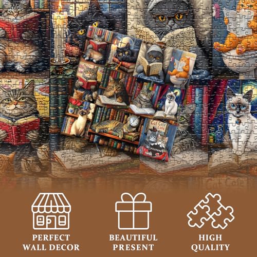Vintage Cat Puzzles for Adults 1000 Pieces，PICKFORU Retro Cat Library Themed, Book Kitten Bookshelf Jigsaw Puzzles Collage Challenge - style: Retro