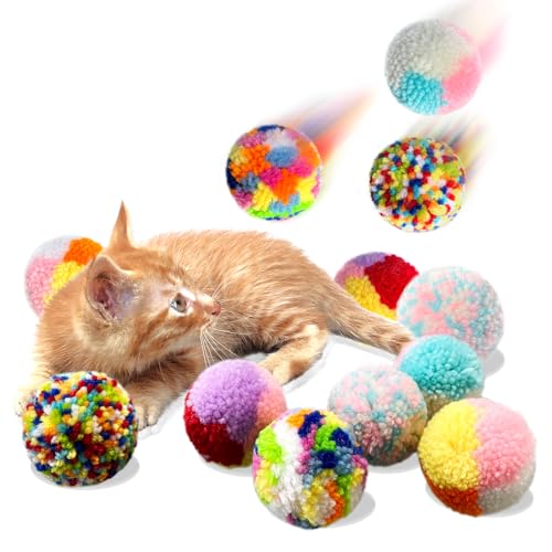 Assorted Color Cat Ball Toys, Woolen Yarn Puffs Pom Balls Interactive Kitten Chasing Toys Cat Chase Balls (12Pcs) - color: 12Pcs