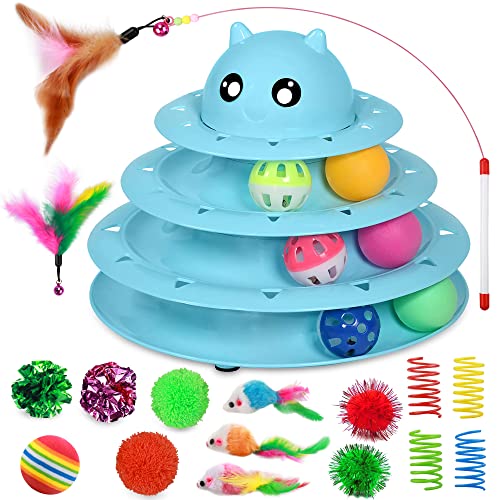 UPSKY 20 PCS Cat Toys Set with Teaser, Mice, Spring, and Various Ball Toys - color: B-Blue