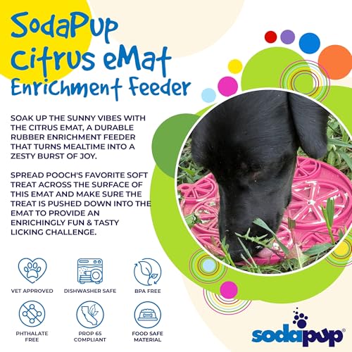 SodaPup Citrus Round eMat – Durable Enrichment Feeder Lick Mat for Dogs & Cats, Non Toxic Pet Safe Food Safe Material, Made in USA, Slow Feeder for Calming & Digestive Health - color: Pink Citrus eMat