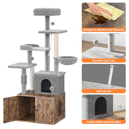 2-in-1 Cat Tree with Hidden Litter Box Enclosure, Multi-Level Cat Tower with Scratching Post and Dangling Balls, Spacious Hammock, Indoor Cat Condo, Rustic Brown