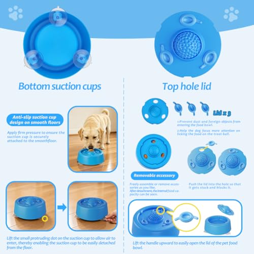 Slow Feeder Dog Bowls for Liquid Treat Dog Lick Bowl with Enrichment Rolling Ball Toy for Bone Broth Yogurt and Liquid and Thick Treat with Suction Cup Base for Small Medium Large Dogs