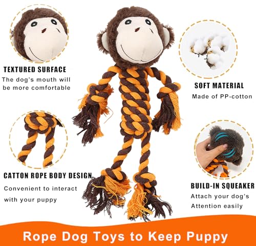 Monkey Rope Dog Toy, Plush Elephant Squeaky Dog Toy, 2 Pack - color: Brown & Grey