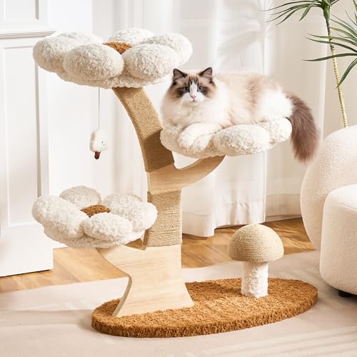 Aesthetic Flower Cat Tree Tower with Scratching Post for Indoor Cats, 37" H Modern Cat Tree with Wood Sculpted Branch, Flower Cat Beds, Mushroom Scratcher & Interactive Squeaky Toy, White - color: 37"-Mushroom-Creamy White