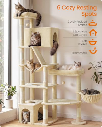 Feandrea Large Cat Tree, 74.1" Tall Sturdy Cat Tower for Indoor, Beige - color: Beige, size: 41.3"L x 17.7"W x 74.1"H