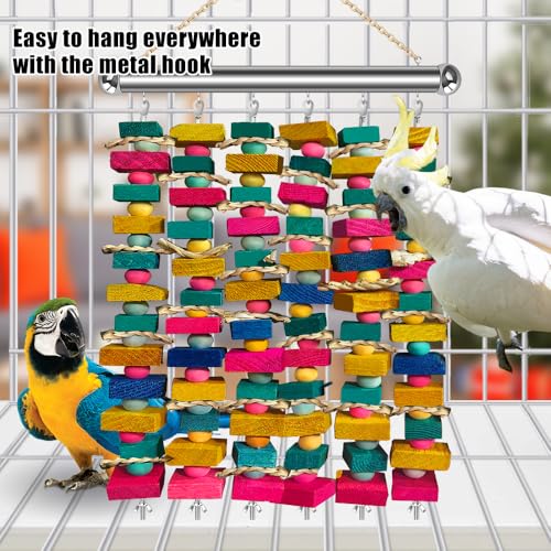 Large Bird Toys for Macaws, Stainless Steel Multicolored Wooden Blocks Bird Chewing Toy Parrot Cage Bite Toy for Macaws Cokatoos African Grey and Large Medium Parrot Birds - color: COLORFUL AND SILVER