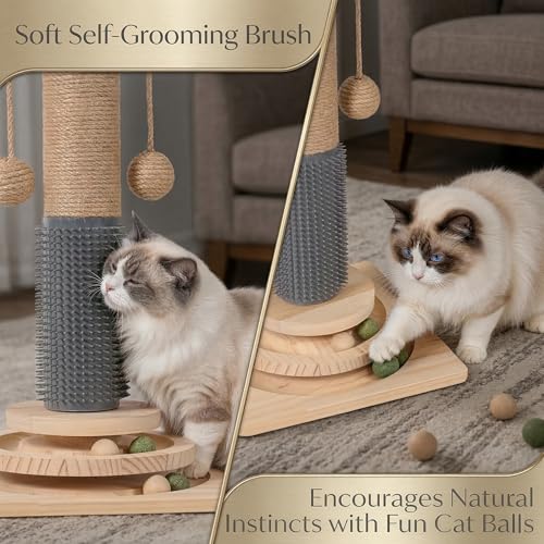 4-in-1 Solid Wood Cat Scratching Post with Self-Groomer, Large Size - size: Large