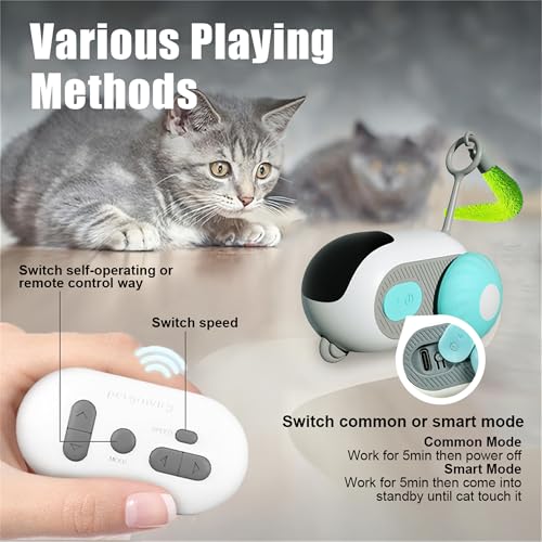 1pc Interactive Automatic Remote Control Cat Mice Car Toy and 1pc Smart Electric Moving Speedy Cat Ball Toy with Feather Tail, Suitable for Dogs, Keep Busy, Stimulating, Rechargeable (Blue) - color: blue