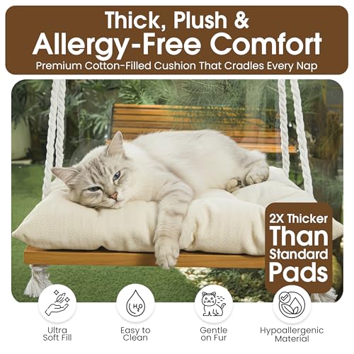 Cat Window Perch, Indoor Hammock Bed with Solid Pine Wood, 4 Industrial-Grade Suction Cups, Window Hammock with Soft Cushion for Cats, Space Saving Design - color: Beige