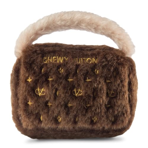 Dog Diggin Designs Chewy Vuiton Plush Dog Toy Purse | Luxury-Inspired Parody Designer Handbag with Squeaker, Soft Plush Fashion Dog Toy – Haute Couture Purses & Handbags - color: Brown Bag, size: Small