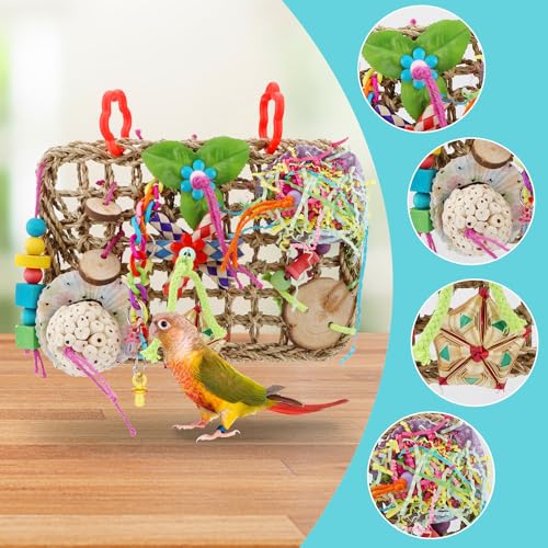 Hypeety Bird Toys Parrot Foraging Toys Bird Chew Toys Parakeet Shredding Seagrass Climbing Mat with Various Toys for Conure, Cockatiel, Lovebird, Parakeet, Budgie (M(Solla Ball)) - color: M(Solla Ball)
