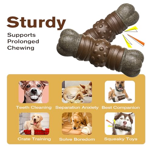 Indestructible Squeaky Dog Chew Toys for Aggressive Chewers, Food Grade Material, Tough Durable Dog Toys for Medium Large Breed (Brown) - color: Brown