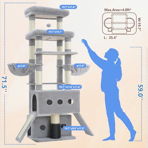 Hey-brother Cat Tree Tower with Multi-Level Platforms, Cozy Condos, MPJ085W - color: Light Gray, size: 71.5 Inches