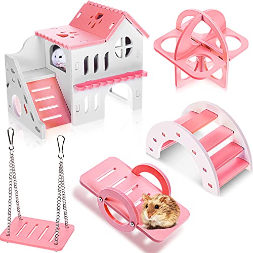 Skylety 5 Pcs Hamster Toys Wooden Accessories, 6.3 x 3.93 x 5.5 inch, Pink - color: Pink