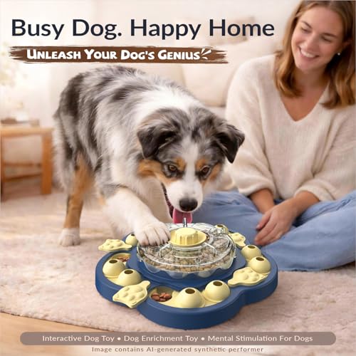KADTC 3-Level Dog Puzzle Toy, Spin to Release Treat Dispenser & Slow Feeder - color: Sunflower Blue