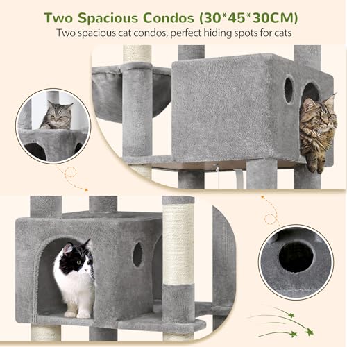 Globlazer 83 Inch Cat Tree Tower for Large Cats, Big Cat Tree for Multi-Cat Household with 2 Condos, 7 Sisal Posts, 2 Perches and Hammock, Sturdy Tall Kitten Activity Center, S83, Light Gray - color: Light Gray, size: 83 Inch