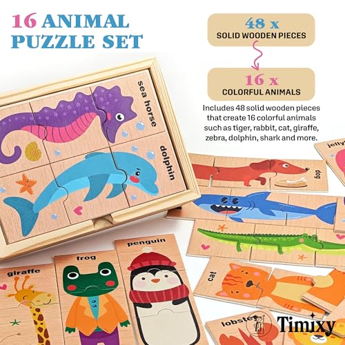 Montessori Wooden Animal Puzzle Toy Ages 3+, 48pc Matching Game with Box
