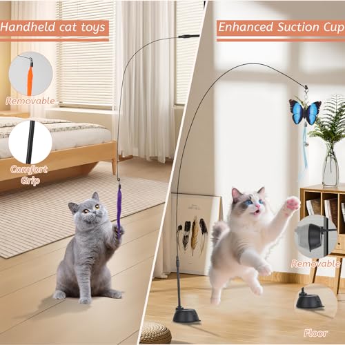 Suction Cup Cat Toys,Interactive Cat Wand with 15Pcs (Feather, Mouse, Butterfly, Worm),Durable Cats Fishing Pole Toy for Indoor Kittens,Fun Stick Toy for Exercise&Play