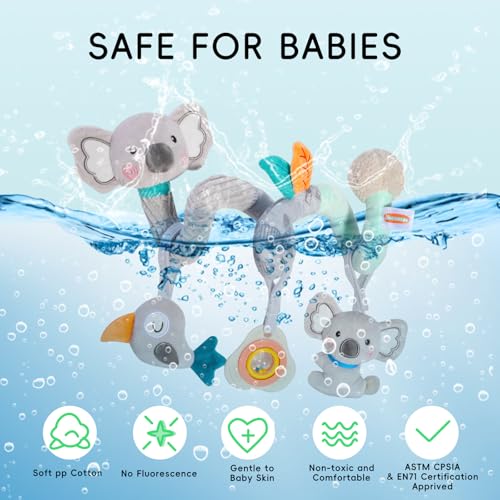 Baby Spiral Car Seat Toy, Stroller Hanging Sensory Toy for Newborn 0-12 Months, Soft Plush with Rattle Crinkle Teether, Koala Bird Activity Toy for Infant Boys Girls