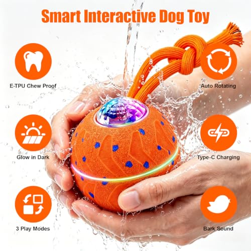 Smart Interactive Dog Toy Ball, Dog Enrichment Toys, Dog Barking Ball, E-TPU Material, Electric Automatic Moving and Rolling Dog Toy with Rope for Small, Medium, Large Dogs Boredom - color: Orange