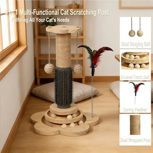 Wooden Cat Scratching Post, 4 in 1 Cat Scratcher Kitten Toys - color: 17.7" Post with Brush