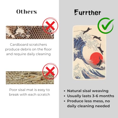 Furrther Sisal Cat Scratcher Post Mat (Use on Wall, Couch and Carpet), Durable and Shedding-Resistant Cat Scratching Surface - 21.7x13 inch with Adhesive Pads (The Cat Wave)