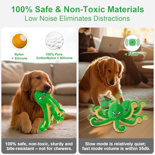 Interactive Dog Toys Octopus,Durable Automatic Jumping Dog Toy to Keep Them Busy,Squeaky Moving Tug of War Doggie Toy,USB Rechargeable,Not for Aggressive Chewers (Green) - color: Green