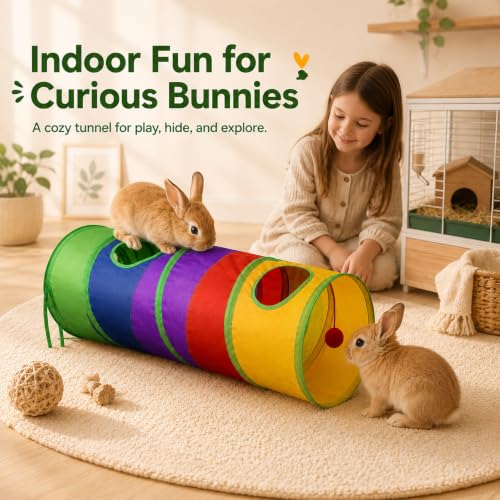 Rabbit Toys, Large Bunny Hideout Tunnel and Tube Rainbow Tunnel for Rabbit Guinea Pig Chinchilla Ferret Rat - color: Rainbow