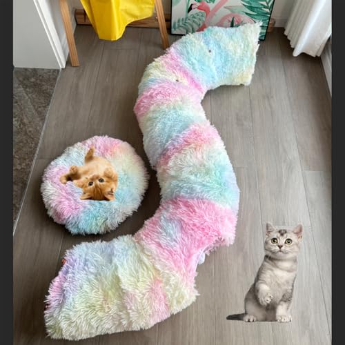 Cat Bed Tunnel Tube Toy Rainbow Plush - color: Colorful Plush