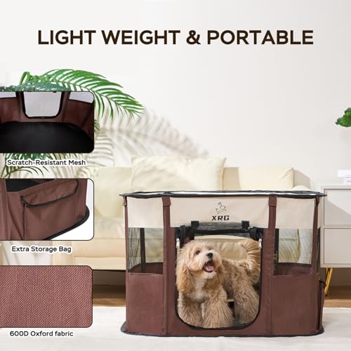 XRG Foldable Pet Playpen,Indoor Cat cage Puppy Crates L(35.4"x27.6"x23.6") - color: Brown, style: Large（35.4"L x 27.6"W x 23.6"H）