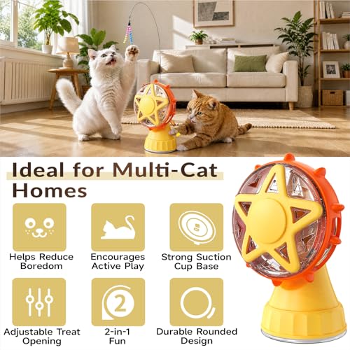 Interactive Cat Ferris Wheel Toy with Cat Wand, Rotating Treat Dispenser Puzzle Slow Feeder with Strong Suction Cup, Foraging Anxiety Relief Exercise Toy for Indoor Cats & Kittens (Yellow) - color: yellow-1
