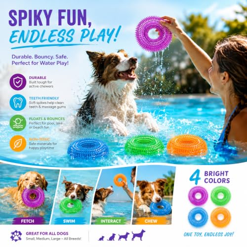 Dog Chew Toys for Aggressive Chewers, Squeaky Floating Donut Rings, 4 Pack - color: 4 Colors