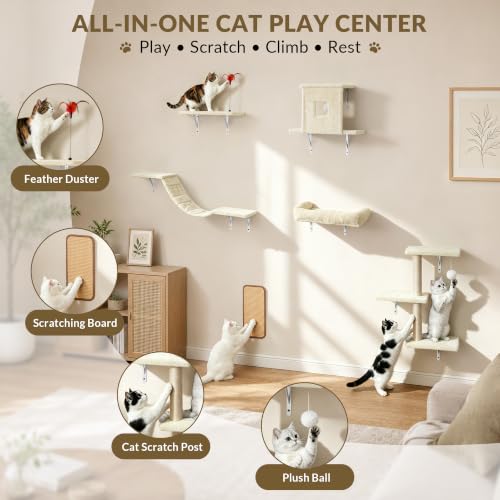 Cat Wall Shelves, 6-in-1 Cat Wall Furniture Set, Beige - color: Beige